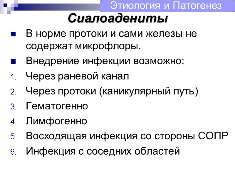Сиалоадениты В норме протоки и сами железы не содержат микрофлоры. Внедрение инфекции возможно: Через